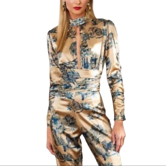 New Ellejay x Free People Ashley 2 XS Champagne Blue Animal Print Silky Jumpsuit - Picture 4 of 13